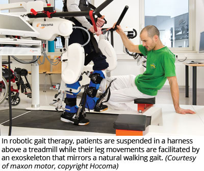 In robotic gait therapy, patients are suspended in a harness above a treadmill while their leg movements are facilitated by an exoskeleton that mirrors a natural walking gait. (Courtesy of maxon motor, copyright Hocoma)
