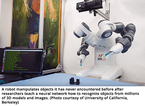 A robot manipulates objects it has never encountered before after researchers teach a neural network how to recognize objects from millions of 3D models and images. (Photo courtesy of University of California, Berkeley)