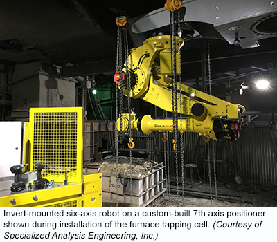 Invert-mounted six-axis robot on a custom-built 7th axis positioner shown during installation of the furnace tapping cell. (Courtesy of Specialized Analysis Engineering, Inc.)