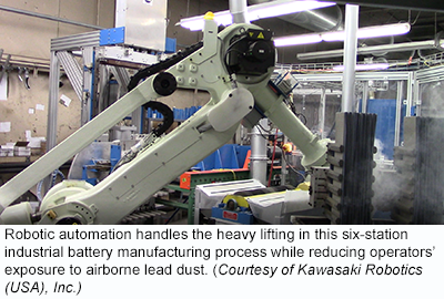 Robotic automation handles the heavy lifting in this six-station industrial battery manufacturing process while reducing operators’ exposure to airborne lead dust. (Courtesy of Kawasaki Robotics (USA), Inc.)