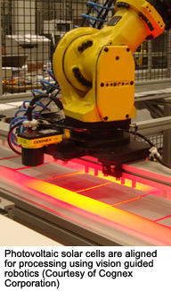 Photovoltaic solar cells are aligned for processing using vision guided robotics (Courtesy of Cognex Corporation)