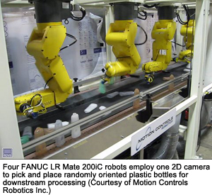 Four FANUC LR Mate 200iC robots employ one 2D camera to pick and place randomly oriented plastic bottles for downstream processing (Courtesy of Motion Controls Robotics Inc.)
