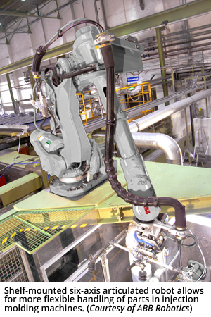 Shelf-mounted six-axis articulated robot allows for more flexible handling of parts in injection molding machines. (Courtesy of ABB Robotics)