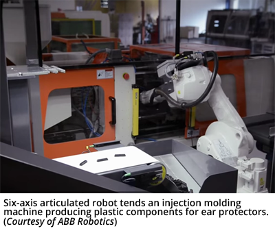 Six-axis articulated robot tends an injection molding machine producing plastic components for ear protectors. (Courtesy of ABB Robotics)