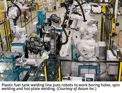 Plastic fuel tank welding line puts robots to work boring holes, spin welding and hot-plate welding. (Courtesy of Axium Inc.)