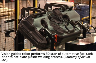 Vision guided robot performs 3D scan of automotive fuel tank prior to hot-plate plastic welding process. (Courtesy of Axium Inc.)