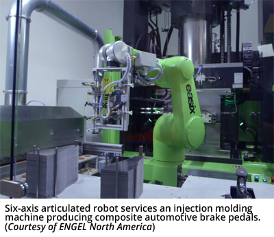 Six-axis articulated robot services an injection molding machine producing composite automotive brake pedals. (Courtesy of ENGEL North America)