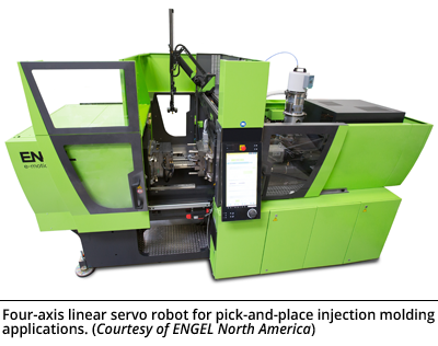 New, four-axis linear servo robot for pick-and-place injection molding applications features a unique design. (Courtesy of ENGEL North America)