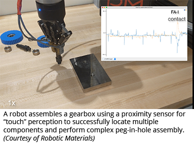 A robot assembles a gearbox using a proximity sensor for “touch” perception to successfully locate multiple components and perform complex peg-in-hole assembly. (Courtesy of Robotic Materials)