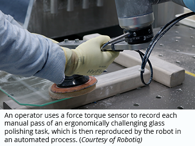 An operator uses a force torque sensor to record each manual pass of an ergonomically challenging glass polishing task, which is then reproduced by the robot in an automated process. (Courtesy of Robotiq)