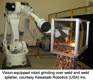 Vision-equipped robot grinding over weld and weld spatter, courtesy Kawasaki Robotics (USA) Inc.