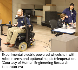 Experimental electric powered wheelchair with robotic arms and optional haptic teleoperation (Courtesy of Human Engineering Research Laboratories)