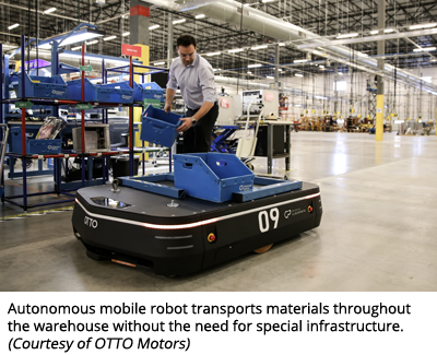 Autonomous mobile robot transports materials throughout the warehouse without the need for special infrastructure. (Courtesy of OTTO Motors)