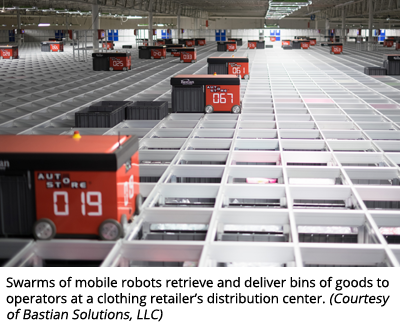 Swarms of mobile robots retrieve and deliver bins of goods to operators at a clothing retailer’s distribution center. (Courtesy of Bastian Solutions, LLC)