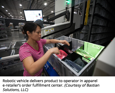 Robotic vehicle delivers product to operator in apparel e-retailer’s order fulfillment center. (Courtesy of Bastian Solutions, LLC)