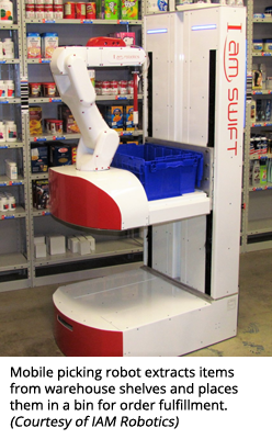 Mobile picking robot extracts items from warehouse shelves and places them in a bin for order fulfillment. (Courtesy of IAM Robotics)