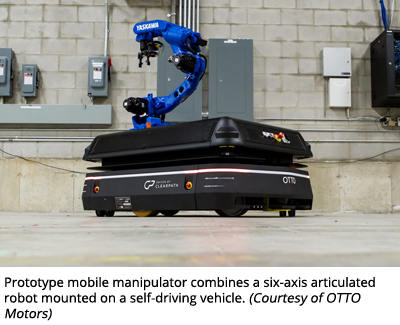 Prototype mobile manipulator combines a six-axis articulated robot mounted on a self-driving vehicle. (Courtesy of OTTO Motors)