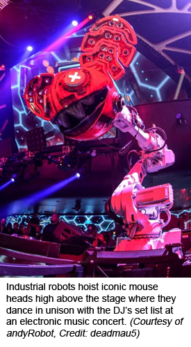 Industrial robots hoist iconic mouse heads high above the stage where they dance in unison with the DJ’s set list at an electronic music concert. (Courtesy of andyRobot, Credit: deadmau5)