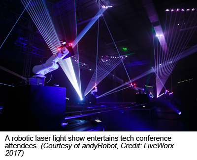 A robotic laser light show entertains tech conference attendees. (Courtesy of andyRobot, Credit: LiveWorx 2017)