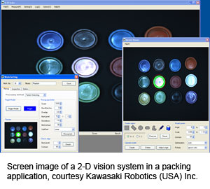 Screen image of a 2-D vision system in a packing application, courtesy Kawasaki Robotics (USA) Inc.