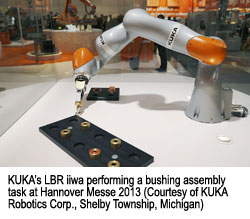 KUKA’s LBR iiwa performing a bushing assembly task at Hannover Messe 2013 (Courtesy of KUKA Robotics Corp., Shelby Township, Michigan) 