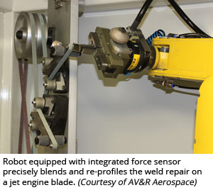 Robot equipped with integrated force sensor precisely blends and re-profiles the weld repair on a jet engine blade (Courtesy of AV&R Aerospace)
