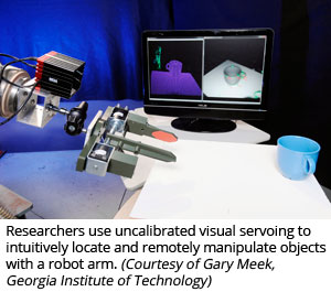 Researchers use uncalibrated visual servoing to intuitively locate and remotely manipulate objects with a robot arm (Courtesy of Gary Meek, Georgia Institute of Technology)