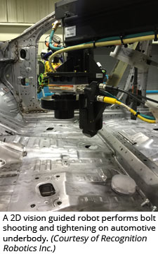 A 2D vision guided robot performs bolt shooting and tightening on automotive underbody (Courtesy of Recognition Robotics Inc.)