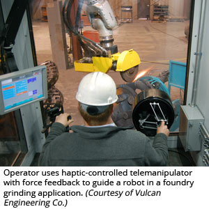 Operator uses haptic-controlled telemanipulator with force feedback to guide a robot in a foundry grinding application (Courtesy of Vulcan Engineering Co.)