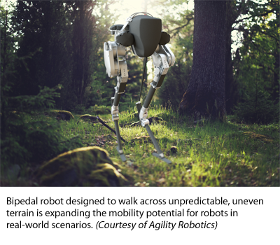 Bipedal robot designed to walk across unpredictable, uneven terrain is expanding the mobility potential for robots in real-world scenarios. (Courtesy of Agility Robotics)