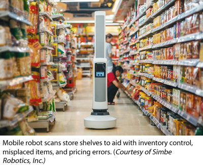 Mobile robot scans store shelves to aid with inventory control, misplaced items, and pricing errors. (Courtesy of Simbe Robotics, Inc.)