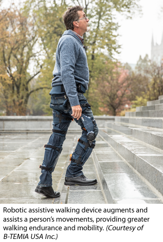 Robotic assistive walking device augments and assists a person’s movements, providing greater walking endurance and mobility. (Courtesy of B-TEMIA USA Inc.)