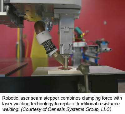 Robotic laser seam stepper combines clamping force with laser welding technology to replace traditional resistance welding. (Courtesy of Genesis Systems Group, LLC)