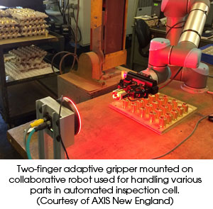 Two-finger adaptive gripper mounted on collaborative robot used for handling various parts in automated inspection cell (Courtesy of AXIS New England)