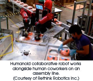 Humanoid collaborative robot works alongside human coworkers on an assembly line (Courtesy of Rethink Robotics Inc.)