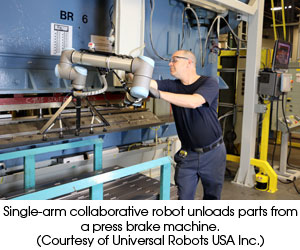 Single-arm collaborative robot unloads parts from a press brake machine (Courtesy of Universal Robots USA Inc.)