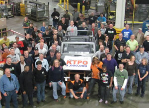 Production workers at KUKA Toledo Production Operations/KTPO gather around the 1,000,000th body-in-white Jeep Wrangler built at the seven-year-old plant in Ohio. The KTPO operation ranks consistently among the most efficient body shops in the North American auto industry – and is part of Chrysler’s Toledo Supplier Park. (Photo: KUKA Systems) 