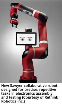 New Sawyer collaborative robot designed for precise, repetitive tasks in electronics assembly and testing (Courtesy of Rethink Robotics Inc.)
