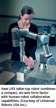 New UR3 table-top robot combines a compact, six-axis form factor with human-robot collaborative capabilities (Courtesy of Universal Robots USA Inc.)