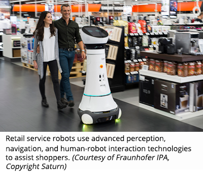 Retail service robots use advanced perception, navigation, and human-robot interaction technologies to assist shoppers. (Courtesy of Fraunhofer IPA, Copyright Saturn)