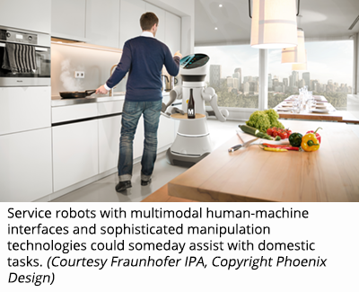 Service robots with multimodal human-machine interfaces and sophisticated manipulation technologies could someday assist with domestic tasks. (Courtesy Fraunhofer IPA, Copyright Phoenix Design)