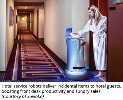 Hotel service robots deliver incidental items to hotel guests, boosting front desk productivity and sundry sales. (Courtesy of Savioke)