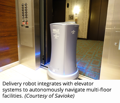 Delivery robot integrates with elevator systems to autonomously navigate multi-floor facilities. (Courtesy of Savioke)