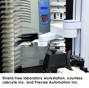 Shield-free laboratory workstation, courtesy Labcyte Inc. and Precise Automation Inc.