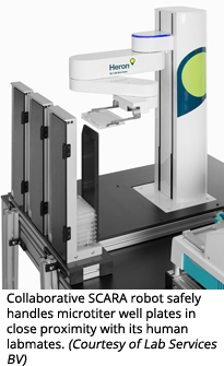 Collaborative SCARA robot safely handles microtiter well plates in close proximity with its human labmates (Courtesy of Lab Services BV)