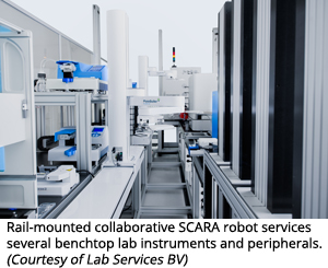 Rail-mounted collaborative SCARA robot services several benchtop lab instruments and peripherals (Courtesy of Lab Services BV) Rail-mounted collaborative SCARA robot services several benchtop lab instruments and peripherals (Courtesy of Lab Services BV)