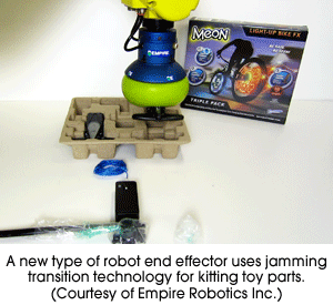 A new type of robot end effector uses jamming transition technology for kitting toy parts (Courtesy of Empire Robotics Inc.)