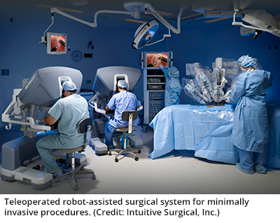 Teleoperated robot-assisted surgical system for minimally invasive procedures. (Credit: Intuitive Surgical, Inc.)