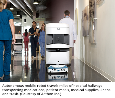 Autonomous mobile robot travels miles of hospital hallways transporting medications, patient meals, medical supplies, linens and trash. (Courtesy of Aethon Inc.)