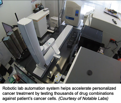 Robotic lab automation system helps accelerate personalized cancer treatment by testing thousands of drug combinations against patient’s cancer cells. (Courtesy of Notable Labs)